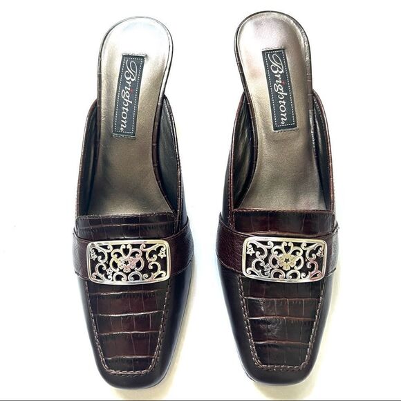 BRIGHTON NWT Size 6.5 STEPH Chocolate Brown Leather Crocodile Slip On Mule Heel - Picture 3 of 9